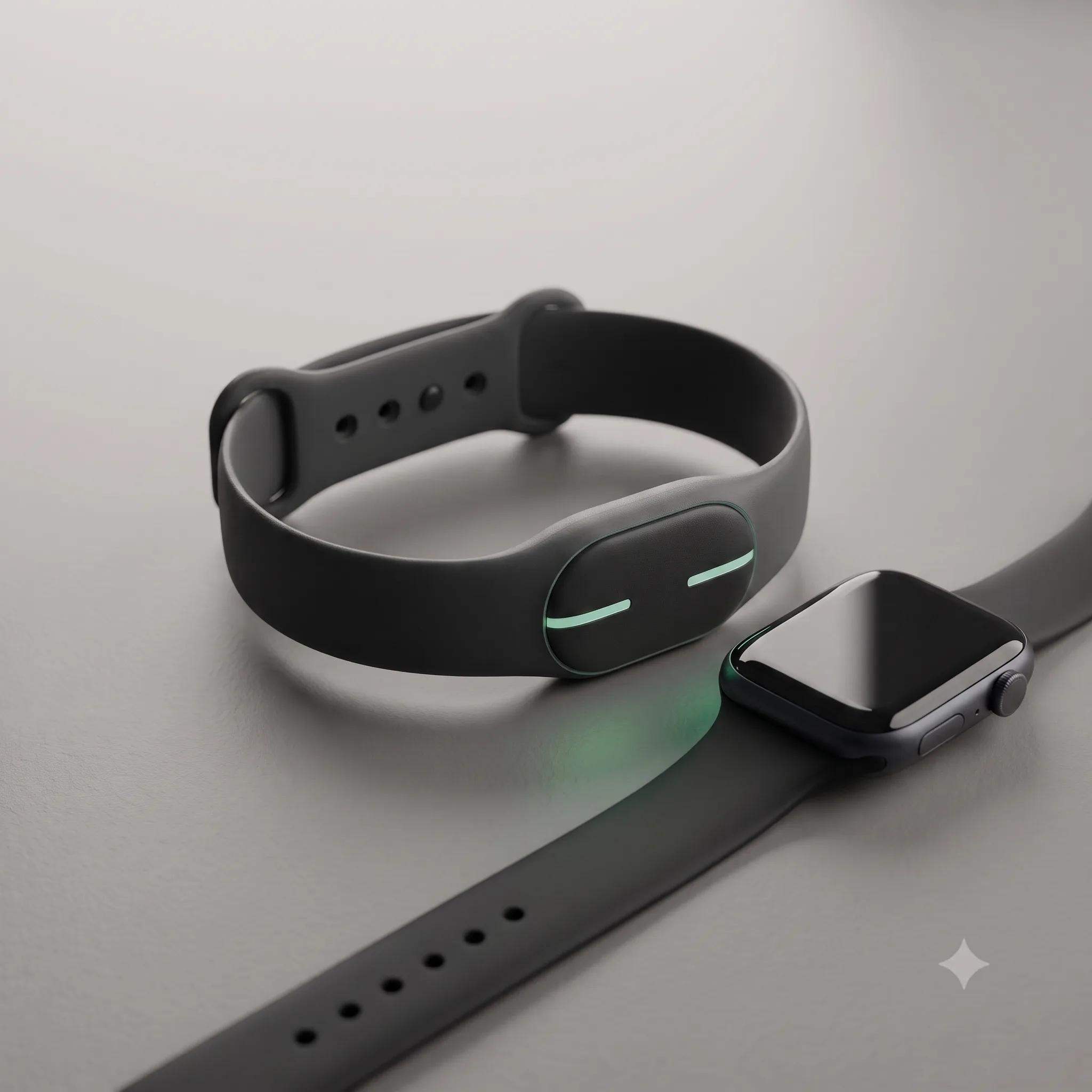 The GlideMetrics band next to an Apple Watch on a studio surface